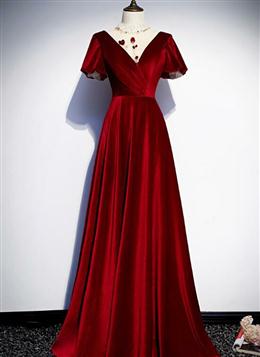 Picture of Dark Red Color Velvet  Long Formal Dresses, Charming Formal Gown